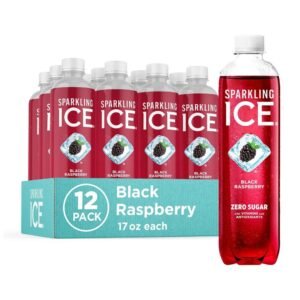 Close-up of Sparkling Ice Black Raspberry Sparkling Water bottles with refreshing bubbles and bold black raspberry flavor.