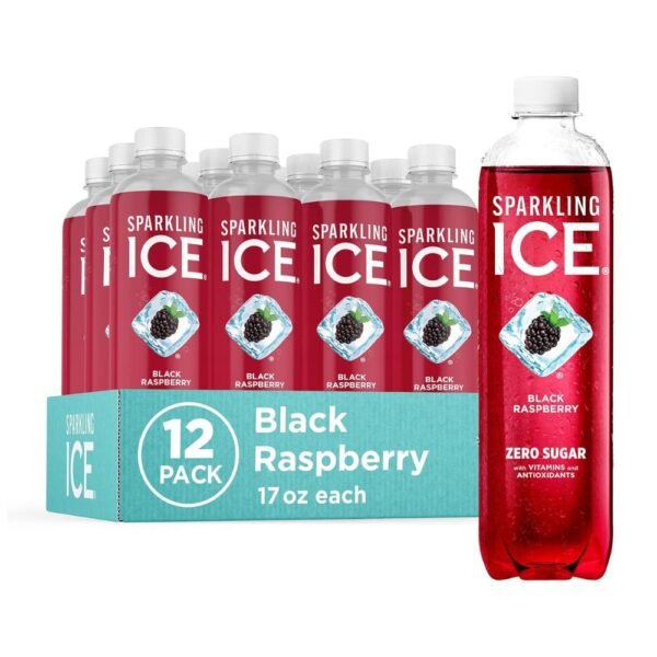 Close-up of Sparkling Ice Black Raspberry Sparkling Water bottles with refreshing bubbles and bold black raspberry flavor.