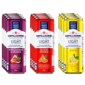 View of San-Pelegrino Light Italian Sparkling Fruit Drink cans arranged in a pack.