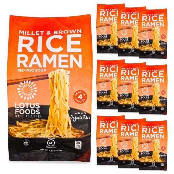 Close-up of Organic Millet & Brown Rice Ramen with Miso Soup packaging, showcasing the product