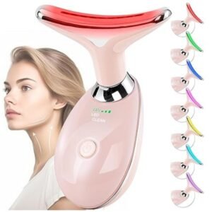 Close-up view of the Facial Massager for Face and Neck with ergonomic curved head, placed on a sleek surface