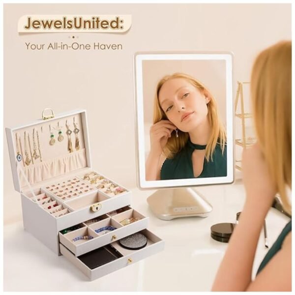 A woman enjoying organizing her jewelry in the elegant 3-layer jewelry box with custom compartments.