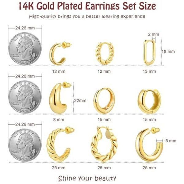 Close-up showing the various sizes and designs of the gold hoop earrings