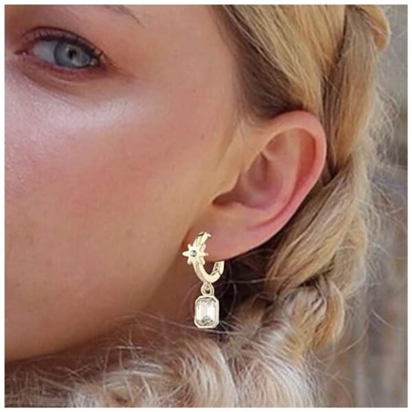 Woman wearing different pairs of gold hoop earrings from the set, demonstrating various styles like chunky hoops and huggies.