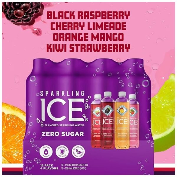 Close-up of Sparkling Ice Purple Variety Pack bottles.