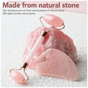 Close-up of rose quartz face roller showcasing its natural stone texture and gentle pink hue