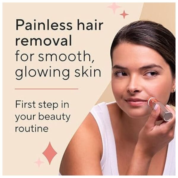 Smiling woman using the facial hair remover on her cheek for smooth, hair-free skin