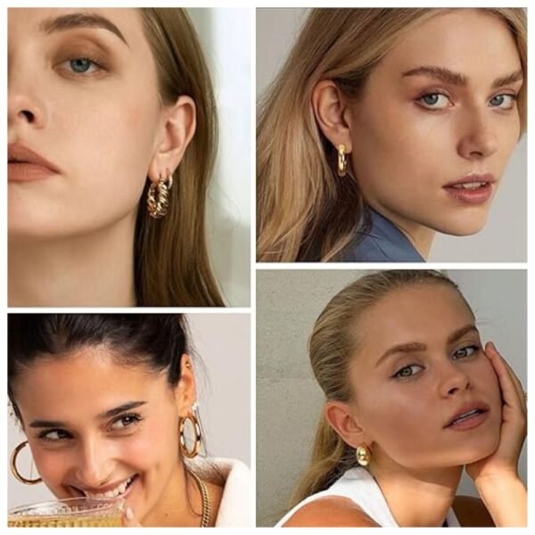 Happy woman smiling while wearing different pairs of gold hoop earrings from the set