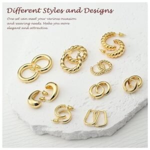 Close-up of various designs in the gold hoop earring set