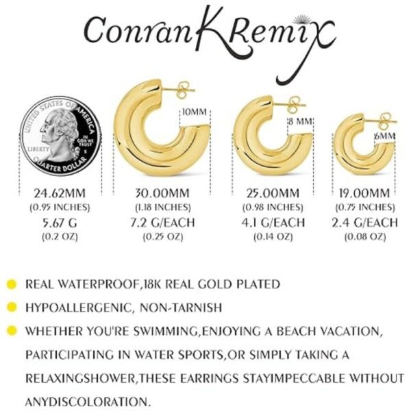 Multiple styles of chunky gold hoop earrings including thick and thin designs