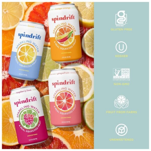 Close-up of Spindrift Sparkling Water flavors: lemon, grapefruit, raspberry lime, and orange mango