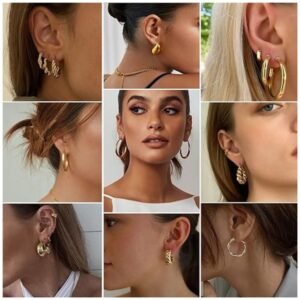 Close-up of various styles of gold hoop earrings from the set, including chunky, twisted, and pearl designs