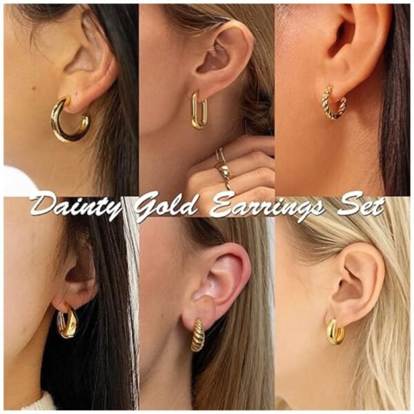 Woman wearing different styles of gold hoop earrings from the set