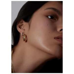 Women wearing waterproof, hypoallergenic gold hoop earrings with a stylish look