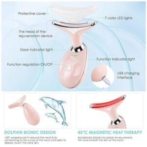 Detailed view of the facial massager parts, including the massage head, buttons, and charging port
