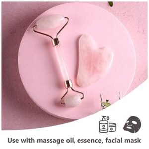 Demonstration of a woman using a rose quartz face roller on her cheek for relaxation