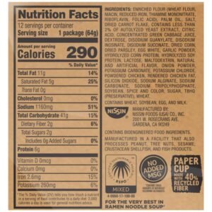 Nutritional label for Nissin Cup Noodles Soup, highlighting the reduced sodium and no added MSG ingredients