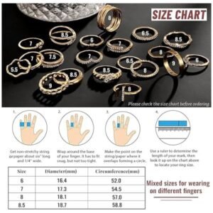 Measurement chart showcasing the dimensions and sizes of all rings in the gold knuckle rings set