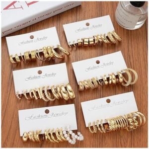 All 36 pairs of gold hoop earrings displayed together, offering a variety of sizes and designs.