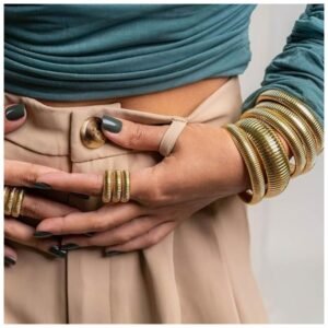 Women wearing gold bangles, showcasing the stretch design and elegance.