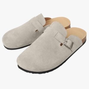 Side view of men's clogs with faux leather upper, slip-resistant EVA sole, and cork insole for comfort and support.