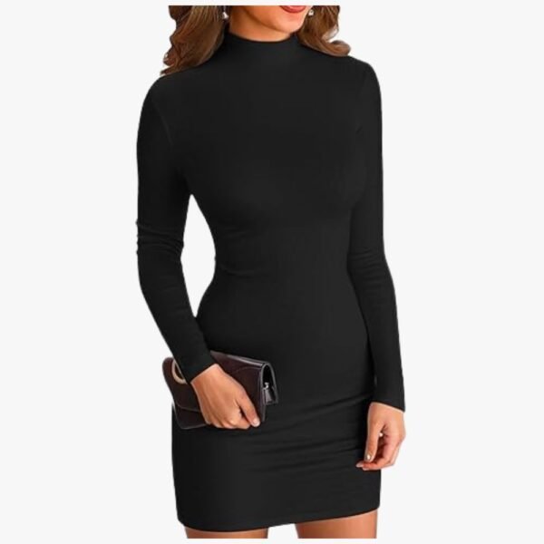 Front view of women's mock neck ribbed bodycon dress with long sleeves