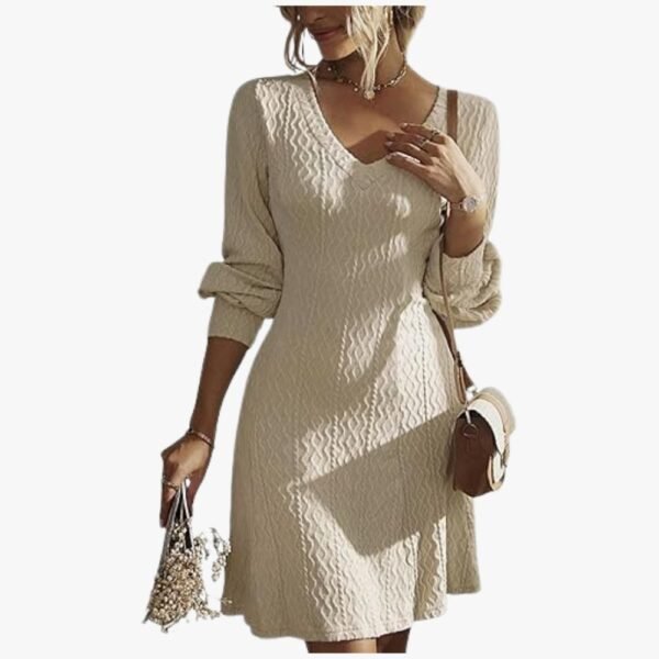 Front view of women's V-neck A-line knit sweater dress with long sleeves