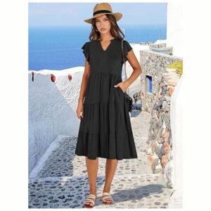 Model wearing women's summer ruffle sleeve V-neck midi dress, showcasing a chic and feminine boho style.