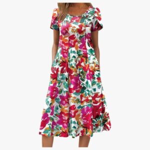 Women's casual pleated flare dress front view, showcasing short petal sleeves and flattering A-line style