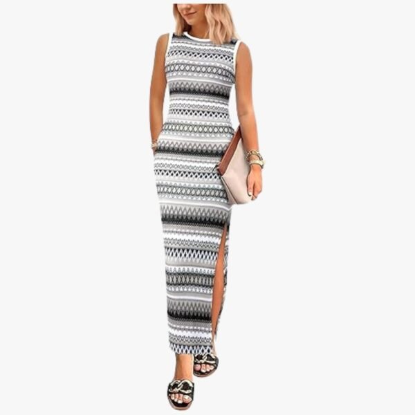 Women's sleeveless tank maxi dress front view, featuring a crew neck, bodycon fit, and side slit design