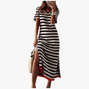 Women's short sleeve summer maxi dress with striped design