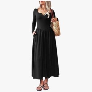 Elegant long sleeve maxi dress for women with A-line silhouette and V-neck design