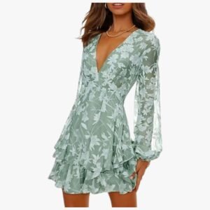 Floral print ruffle knotted V-neck long sleeve dress front view, elegant and flowy mini dress.