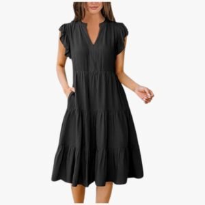 Women's summer ruffle sleeve V-neck midi dress front view, flowy and elegant casual fit.