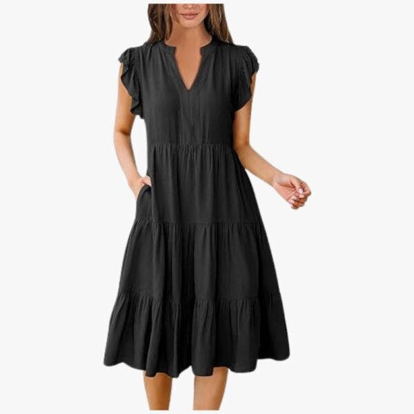 Women's summer ruffle sleeve V-neck midi dress front view, flowy and elegant casual fit.