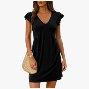 Women's summer dress front view, featuring V-neckline and ruffle short sleeves for a flattering casual look.