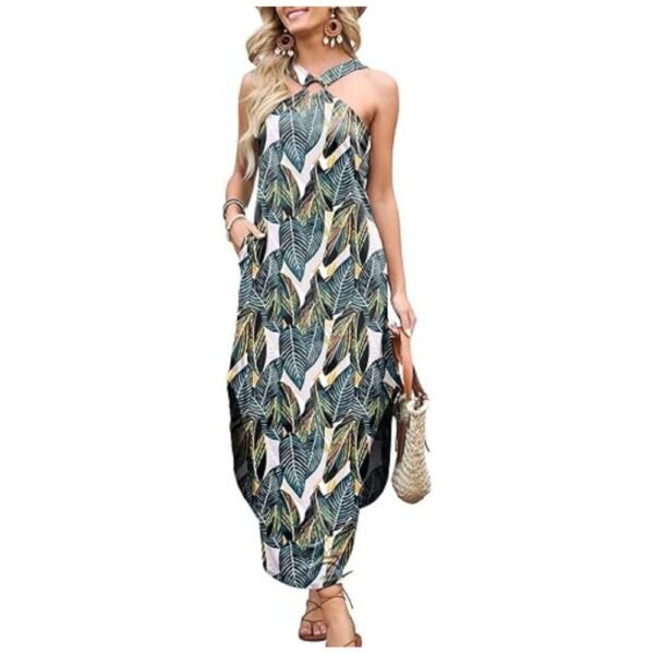 Model wearing women's halter neck maxi dress, highlighting the criss-cross front, racerback, and stylish side slit for a chic summer look