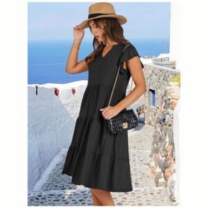 Model wearing women's summer ruffle sleeve V-neck midi dress, showcasing a chic and feminine boho style.