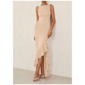 Model wearing women's bodycon maxi dress with ruffle hem