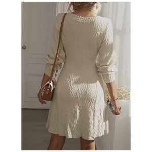 Back view of women's A-line sweater dress featuring a V-neck design