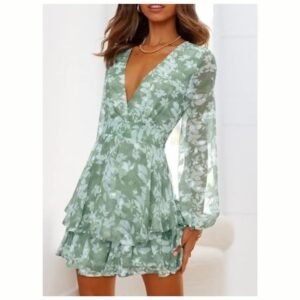 Floral print ruffle knotted V-neck long sleeve dress front view, elegant and flowy mini dress