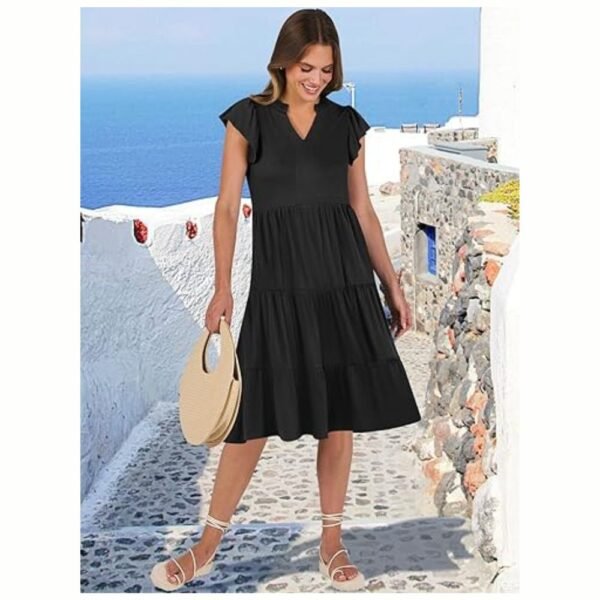 Model wearing women's summer ruffle sleeve V-neck midi dress, showcasing a chic and feminine boho style.