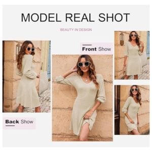 Model wearing women's V-neck A-line sweater dress, styled for casual look