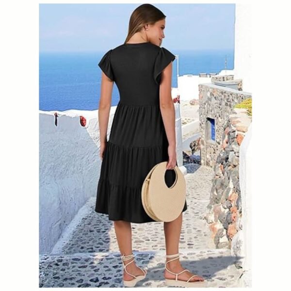 Women's summer ruffle sleeve V-neck midi dress back view, tiered design with flattering silhouette.