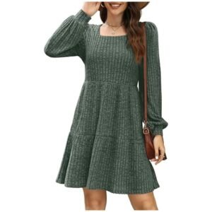 Women's square neck long sleeve sweater dress front view, stylish fall and winter outfit