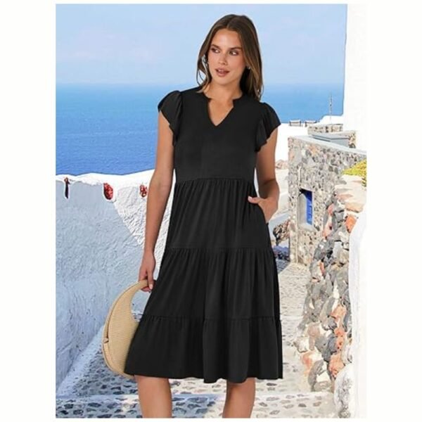 Model wearing women's summer ruffle sleeve V-neck midi dress, showcasing a chic and feminine boho style.