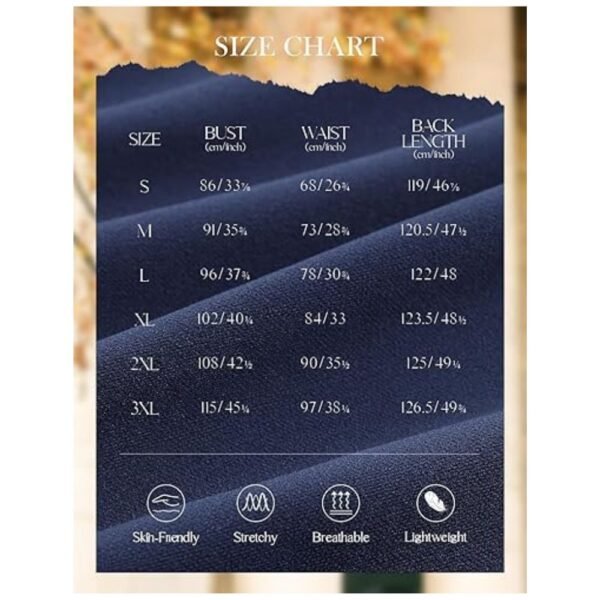 Detailed size chart for women's cocktail dress, ensuring the perfect fit for all body types.