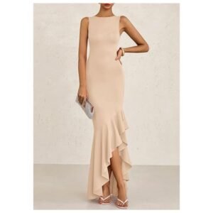 Model wearing women's bodycon maxi dress with ruffle hem