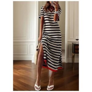 Women's short sleeve summer maxi dress with striped design