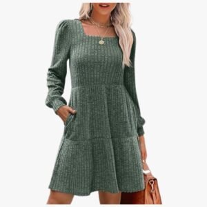 Women's square neck long sleeve sweater dress front view, stylish fall and winter outfit